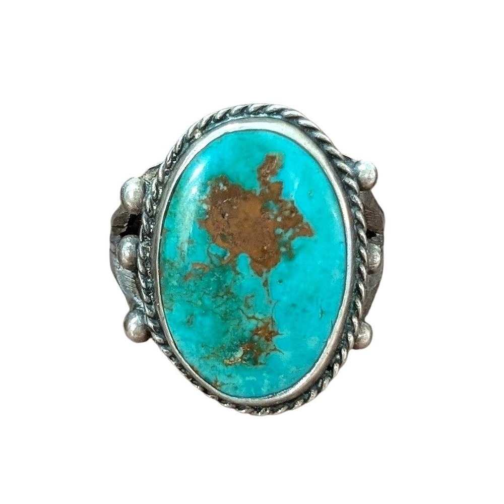 Vintage 1940s Navajo Blue Gem Matrix Native Turquoise Sterling Silver Ring 7.5